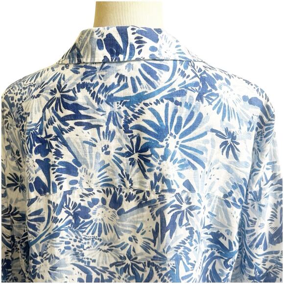 Cynthia Rowley Popover 100% Linen Tunic Plus Size 1X Blue Floral Button Sides - Picture 6 of 12